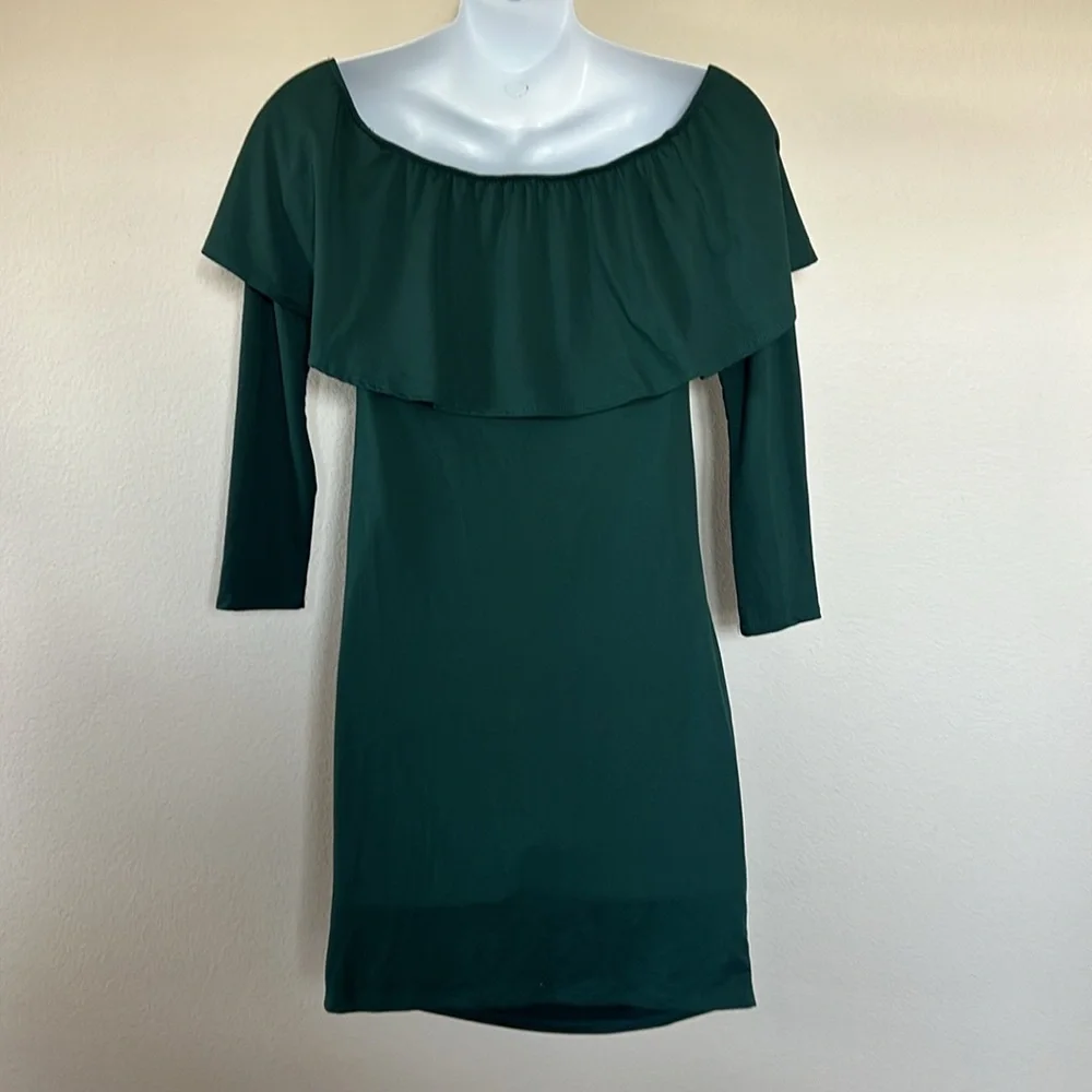 Pinkblush Emerald Green Ruffle Off The Shoulder Long Sleeve Maternity Mini Dress - Picture 8 of 10
